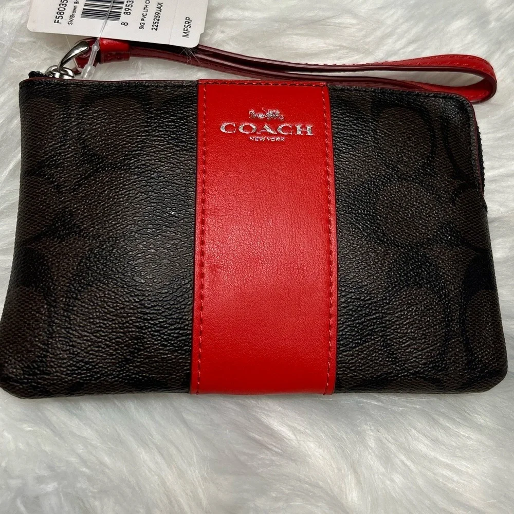 Coach Signature brown & red stripe Zip Wristlet New With Tags.  C - Picture 9 of 13